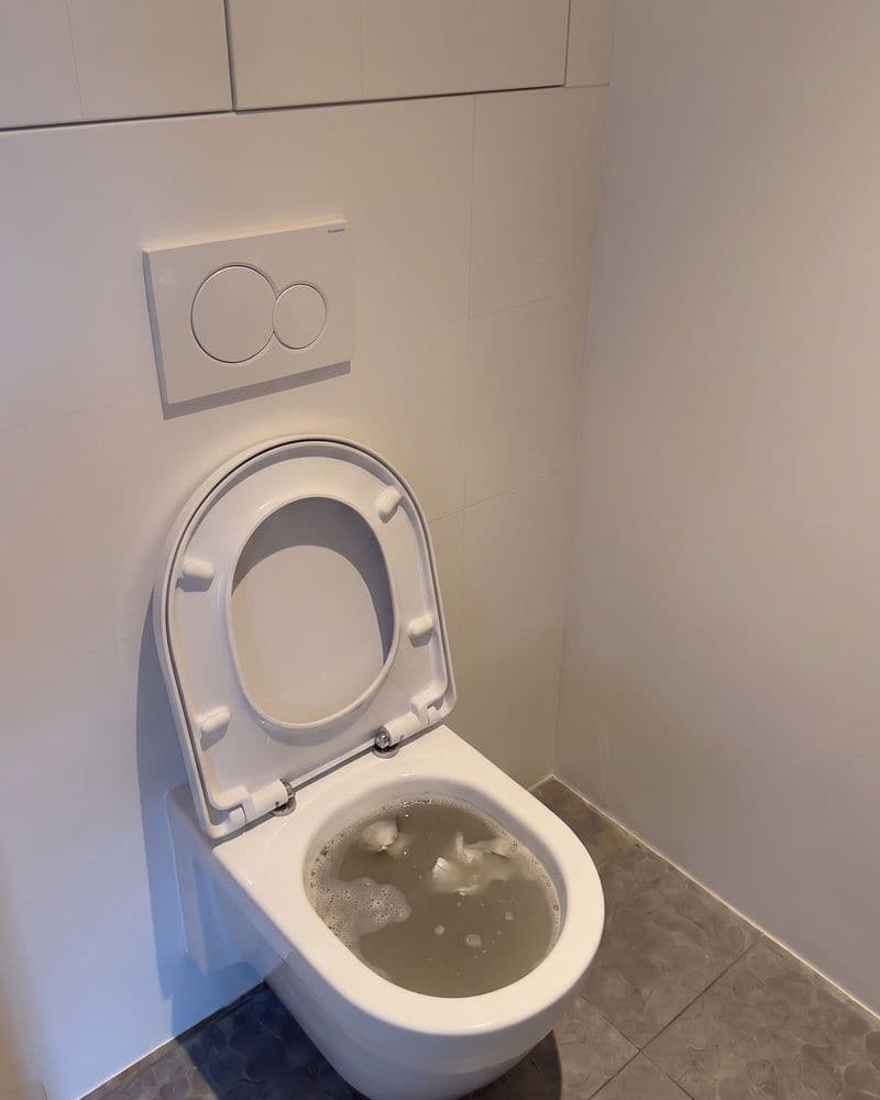 WC bouché, la cuvette pleine d’eau sale, avant l’intervention.